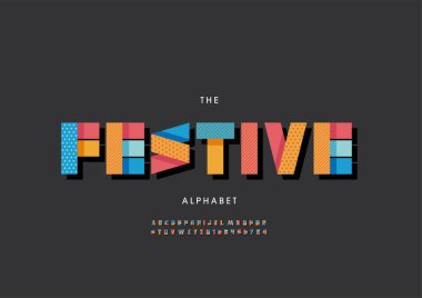 Şekillendirilmiş şenlik alfabesi yazı tipi, vektör illüstrasyonu