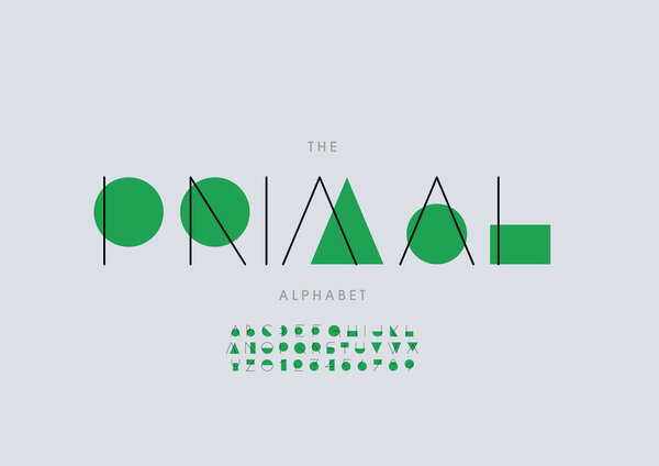 Stylized primal alphabet font, vector illustration 