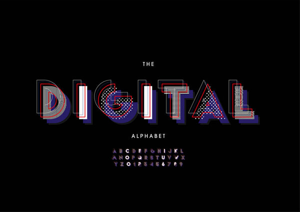 Stylized digital alphabet font, vector illustration