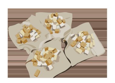 Peynir parçaları ile ham hamur pişirme, pişirme ve yemek hazırlama süreci vektör içinde