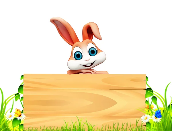Feliz desfrutando coelho com sinal de madeira — Fotografia de Stock
