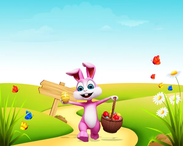 Happy enjoying bunny with wooden sign — Stock Photo, Image