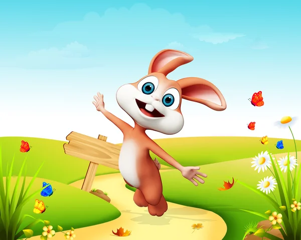 Feliz desfrutando coelho com sinal de madeira — Fotografia de Stock