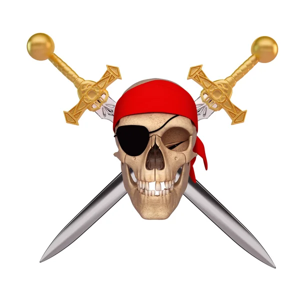 Smiling skull covered with red scarf and two sword — Stock Photo, Image