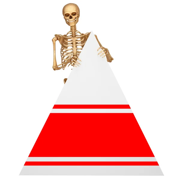 Skeleton is standing near triangle cube — Stock Photo, Image