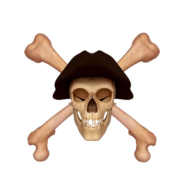 Ancient skull with two bones and black cap — Stock Photo, Image