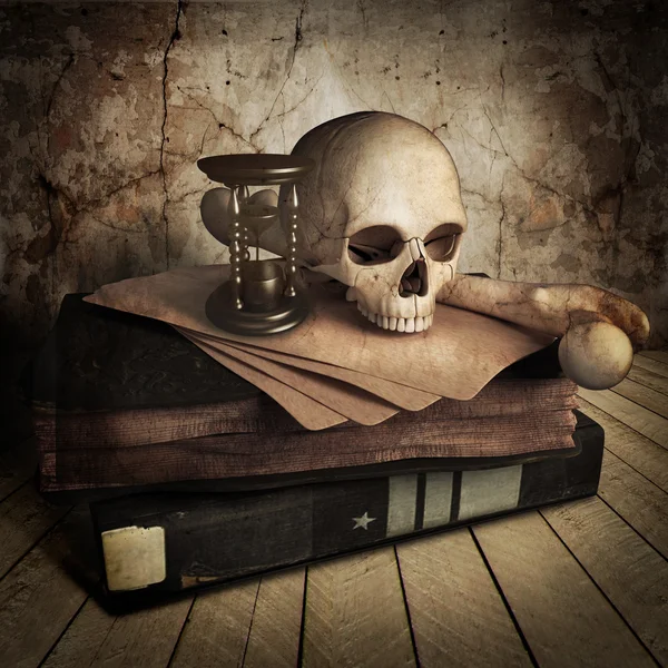 kitap ile antik Kafatasının önden görünüm