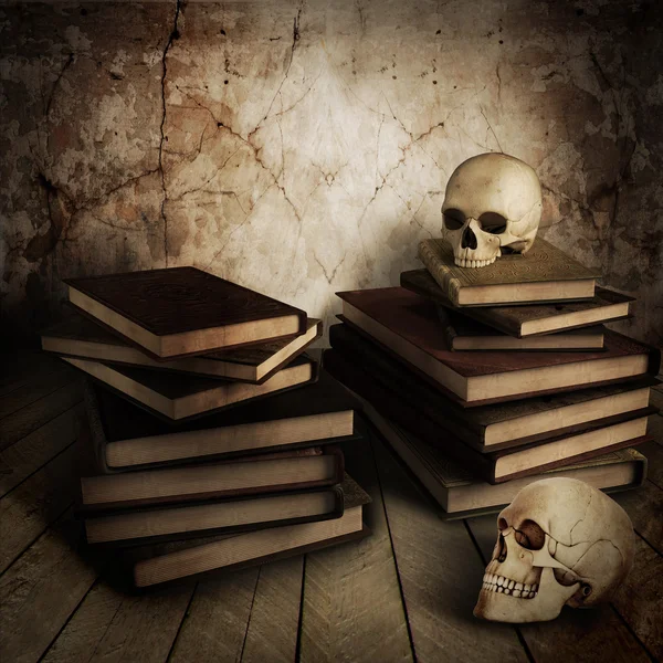 Two ancient skull with lots of books — Stock Photo, Image
