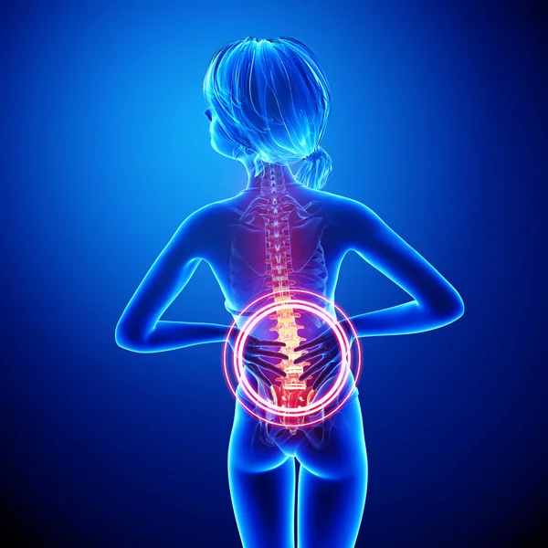 Ilustración del dolor espinal humano con la médula espinal resaltada en azul —  Fotos de Stock