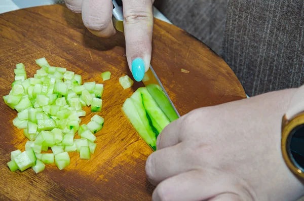 Finely Chopping Organic Seedless Cucumber Bamboo Cutting Board — Stock Photo, Image