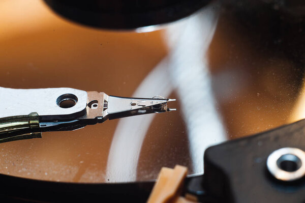 Disassembled hard drive from the computer, laptop Closeup HDD