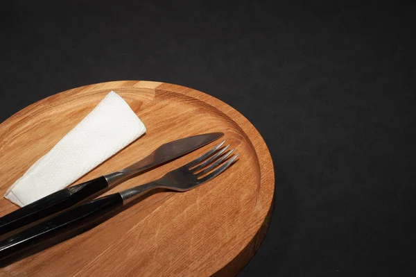Fork Knife Black Kitchen Utensils Placed Black Table Top View — Foto Stock