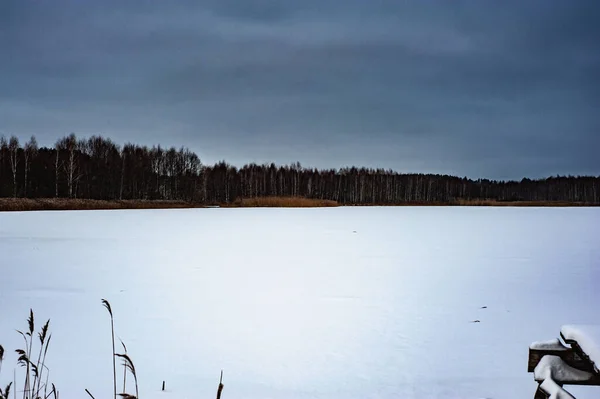 Olbrzymia Panorama Pokrytej Śniegiem Rzeki Lodowej Wśród Zamarzniętego Lasu Tajga — Zdjęcie stockowe