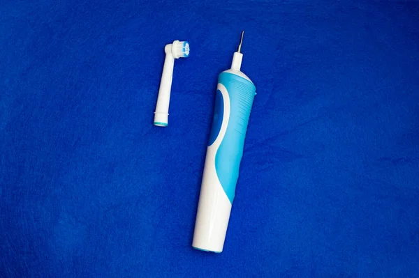 Modern Electric Toothbrush Standing Blue Background Controlled Tool Daily Oral — Stock Photo, Image