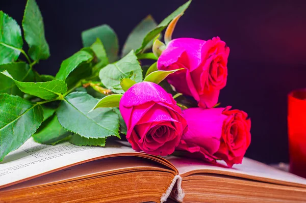 A red rose with a book and a burning candle on a black background. From above of burning candle with fresh red with a rose on book on black background