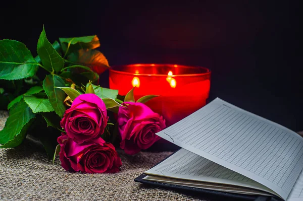 Red Rose Book Burning Candle Black Background Burning Candle Fresh — Stock Photo, Image