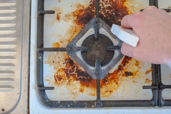 Dirty Stove Food Leftovers Unclean Gas Kitchen Cooktop Greasy Spots — Stock Photo, Image