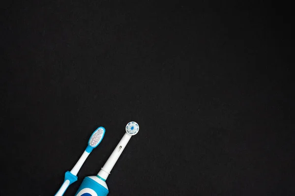 Modern Electric Toothbrush Standing Black Background Controlled Tool Daily Oral — Stock Photo, Image