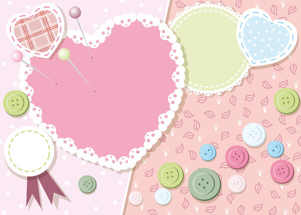 Frame with buttons, paper and patches