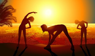 Silhouettes of a woman doing sport exercises on the beach clipart