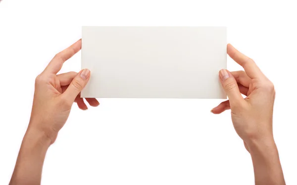 Business card in female hands — Stock Photo, Image