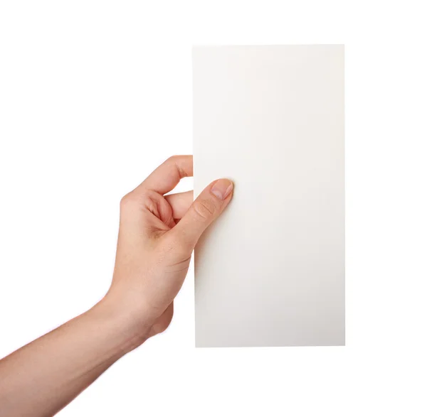 Hand met een blanco visitekaartje geïsoleerd — Stockfoto