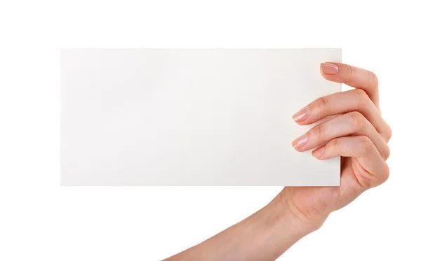 Woman holding blank business card — Stock Photo, Image