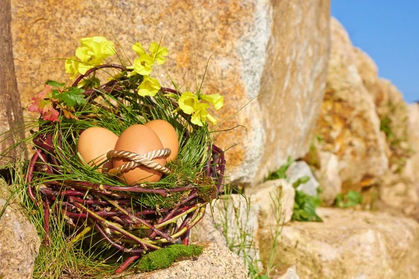 Easter eggs in brown basket — Stock Photo, Image