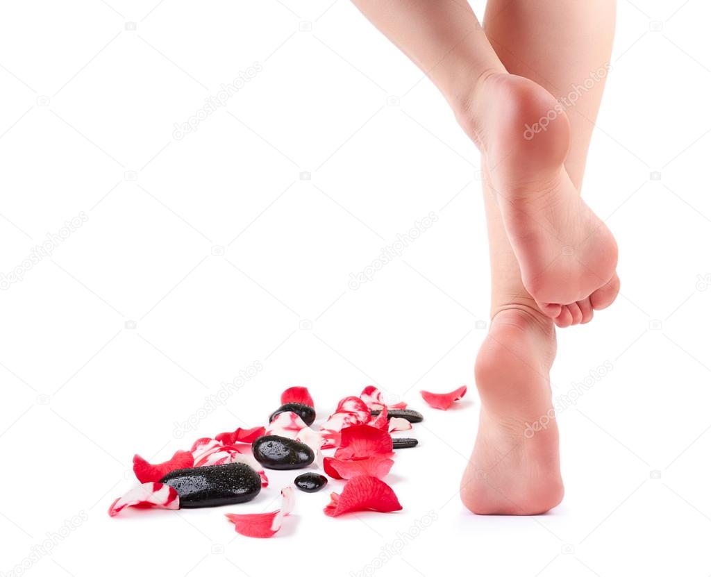Female feet and Spa stones with rose petals