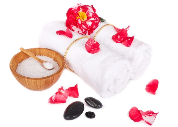 Flower of camellia with towels and salt isolated — Stock Photo, Image