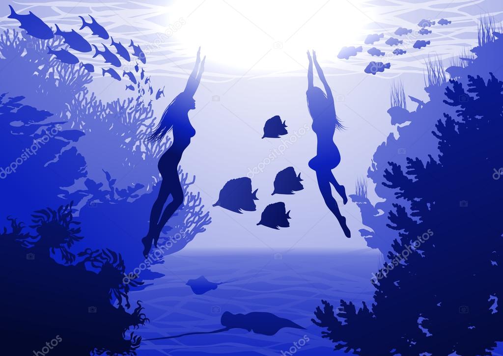 Diving girls, underwater