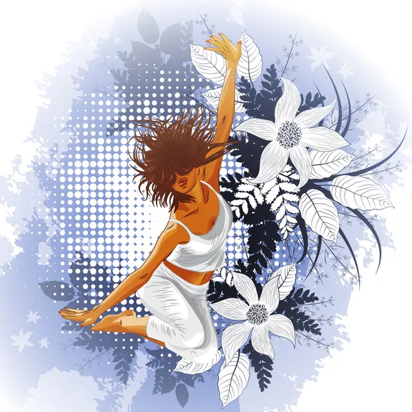 Çiçek arka plan ile dans eden kız — Stok Vektör