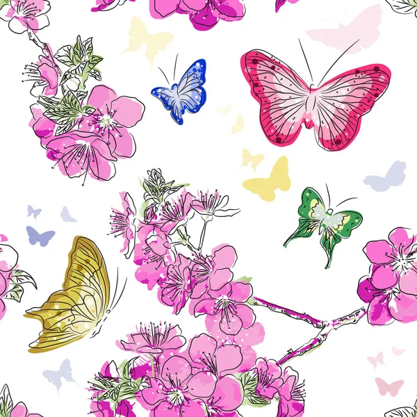 Χωρίς ραφή πρότυπο με floral φόντο με πεταλούδες — Διανυσματικό Αρχείο