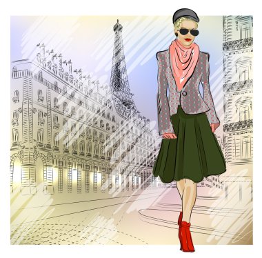 şık moda kız paris Caddesi üzerinde güneş gözlüğü
