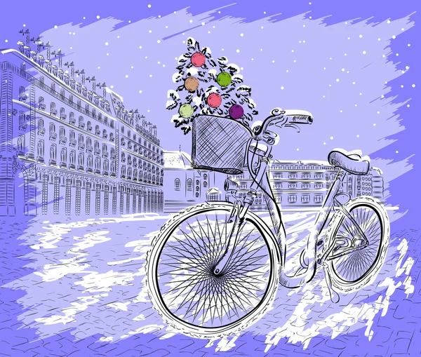 Christmas postcard with bicycle with a Christmas tree — Stock Vector