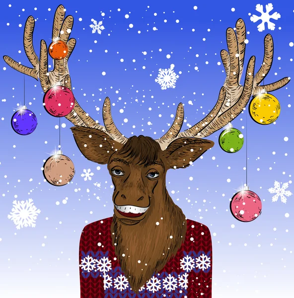 Рождественская открытка с улыбающимся оленем — стоковый вектор