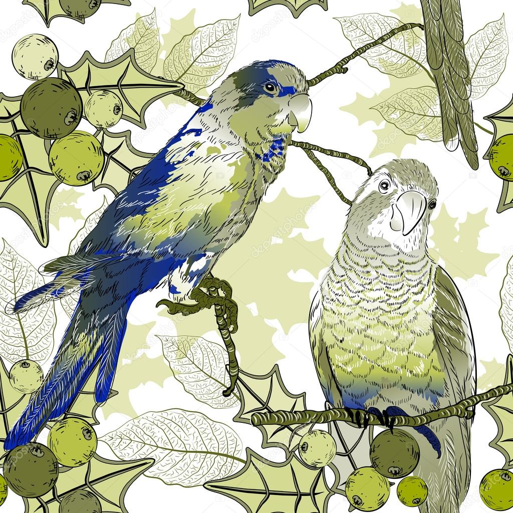Seamless pattern with parrots and berries