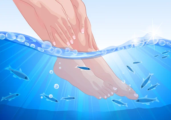 Γυναικεία πόδια και χέρια, θεραπεία spa ψάρια — Διανυσματικό Αρχείο