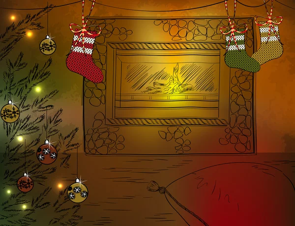 Χριστούγεννα δωμάτιο με τζάκι και χριστουγεννιάτικο δέντρο — Διανυσματικό Αρχείο