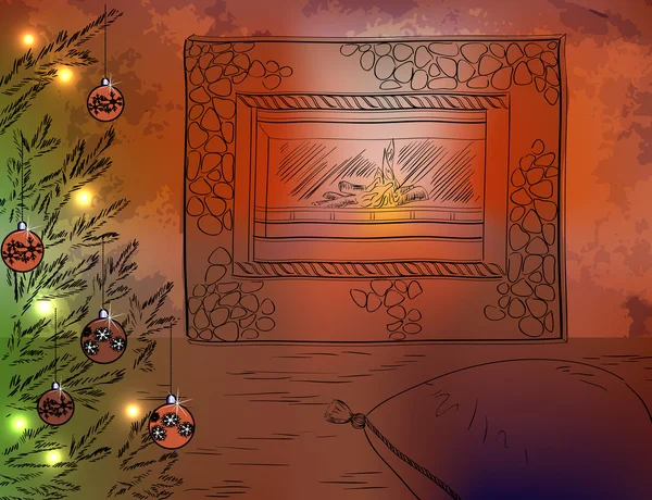 圣诞树和圣诞壁炉 — 图库矢量图片