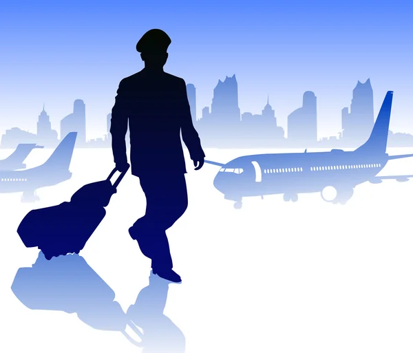 Piloto de aerolínea con equipaje en aeropuerto contra ciudad — Vector de stock