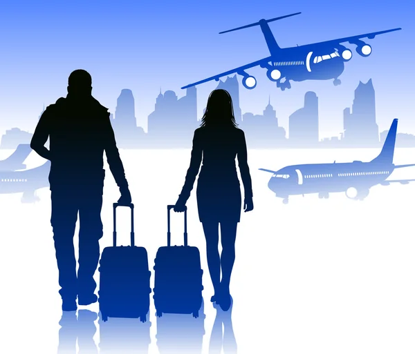 Passeggeri con bagagli in aeroporto contro città — Vettoriale Stock