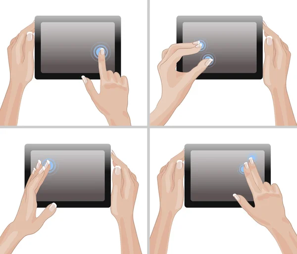 Tablet screen with hands — Stock Vector