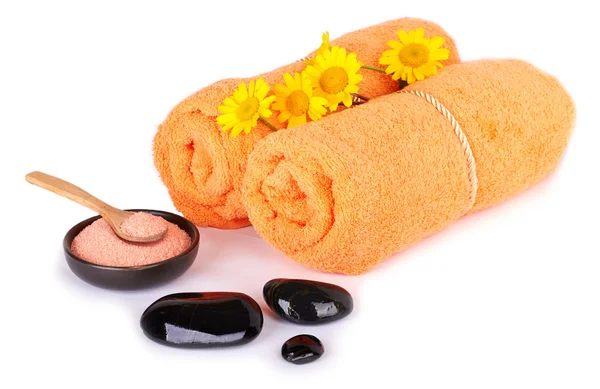 Spa and wellness setting with sea salt, stones and towels — Stock Photo, Image