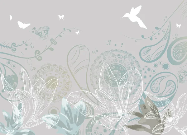 蝶やハミング鳥のヴィンテージの花の背景 — ストックベクタ