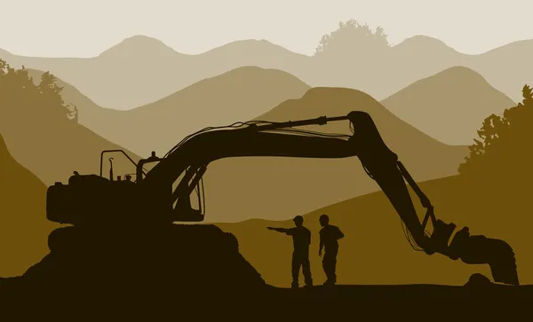 Excavator loader and workers at mine — Stock Vector