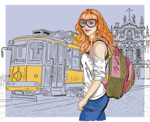 Ragazza di moda e tram vecchio — Vettoriale Stock