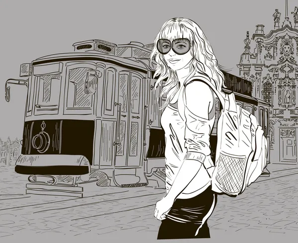 时尚女孩和老电车，城市景观 — 图库矢量图片
