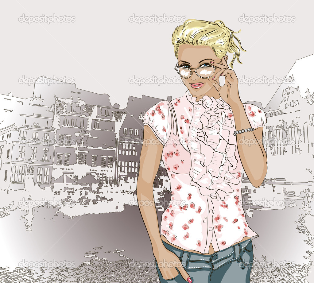 Pretty fashion girl on a city background