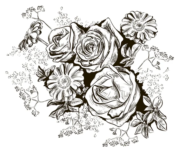 Bosquejo de rosas y manzanilla — Vector de stock